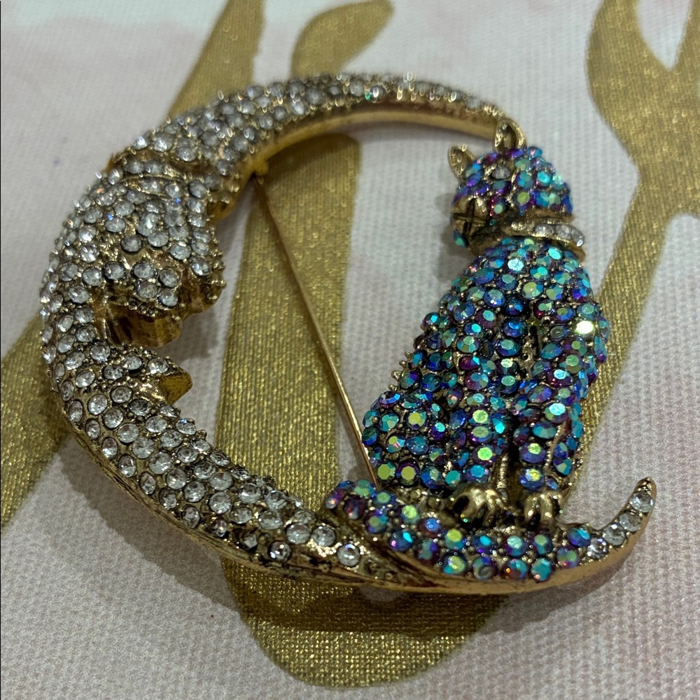 Gold Tone Cat And Crescent Moon Crystal Brooch - Multicolor Cat, Clear Moon